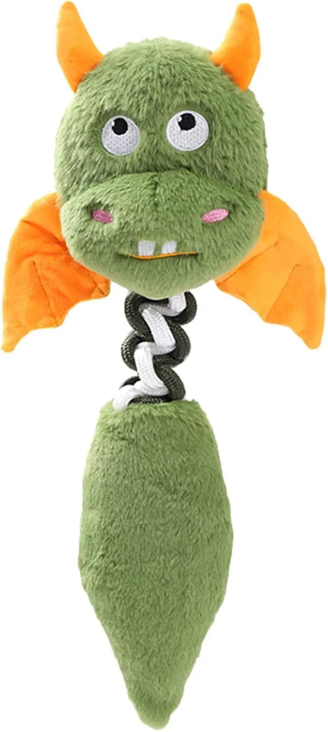 Soft rabbit fleece plush dog toy with a rope knot, in red, green, or black, shown with a dog.