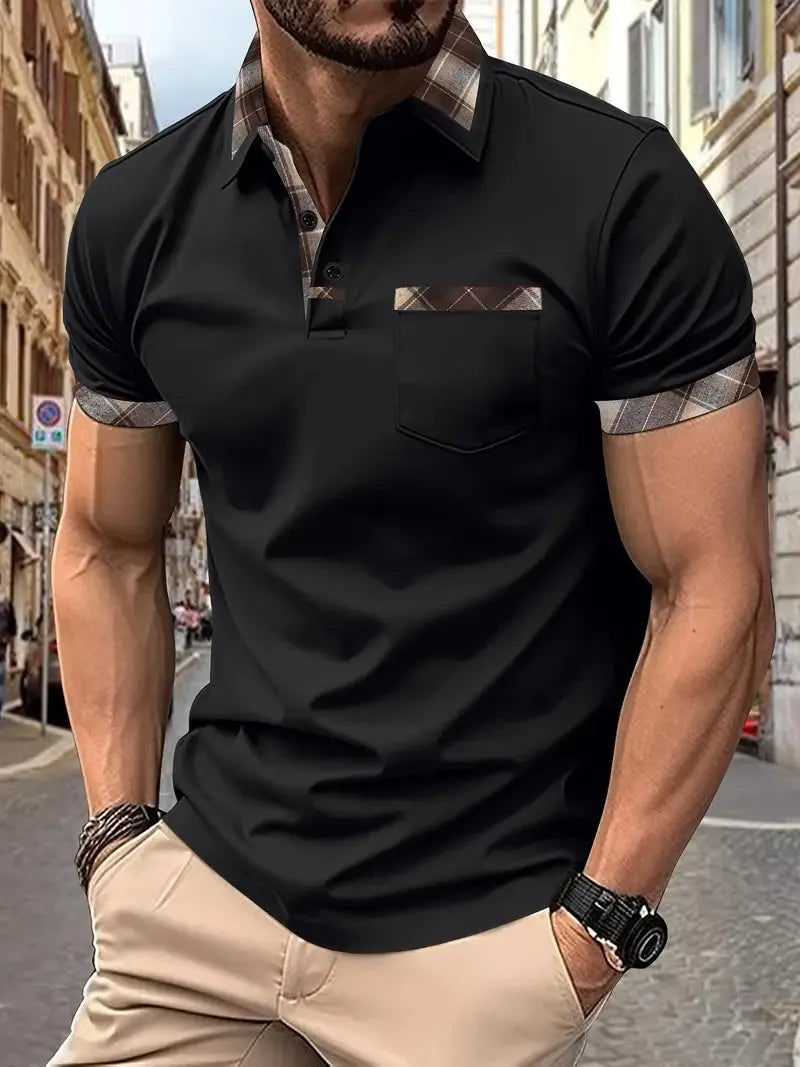 Men's loose fit plaid colourblock short sleeve t-shirt with zipper details on a neutral background.