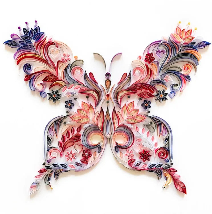 Handmade 20-inch Blue and Pink butterfly quilling paper craft kit with tools on a table