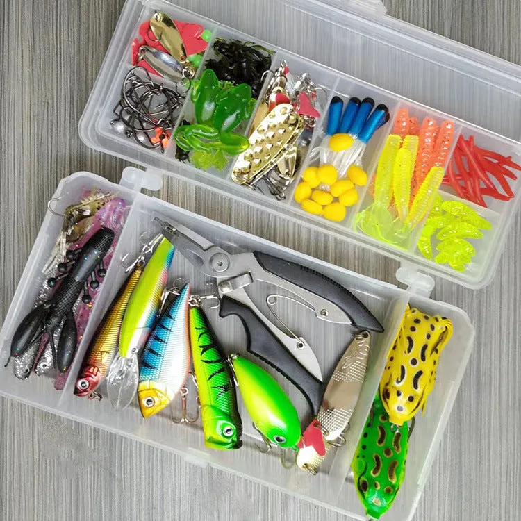142-piece fishing lure suit set with metal pliers, hard minnow lures, sequin spoons, and hooks on a blue background.