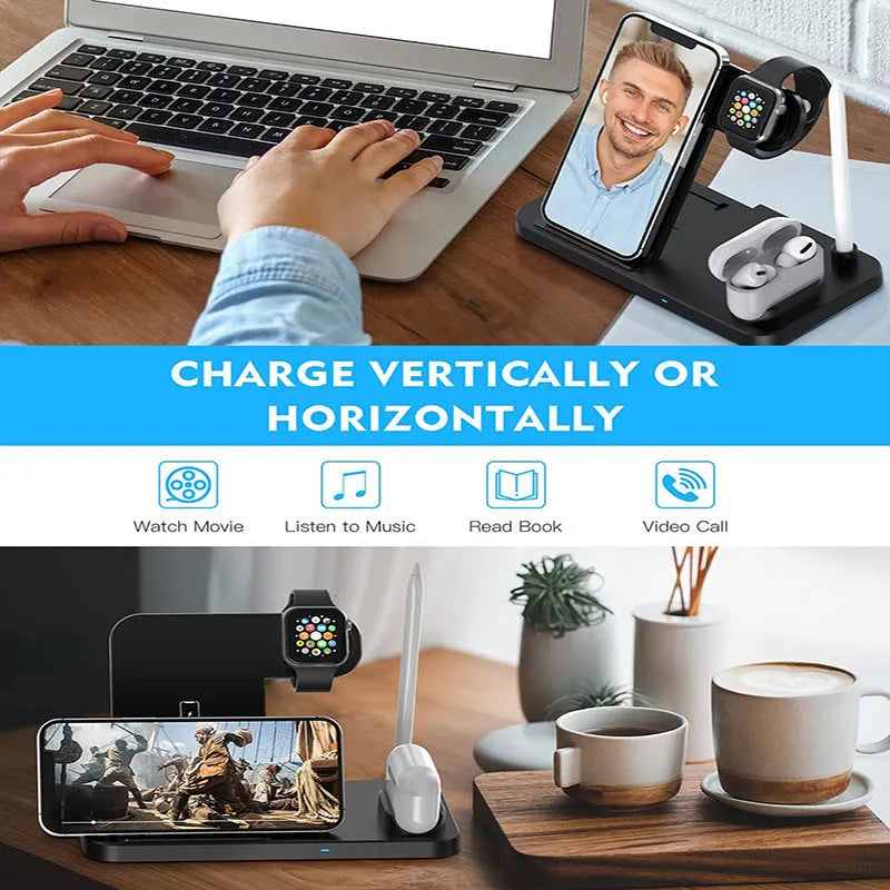 Black four-in-one wireless charging station with QC3.0 fast charging head for multiple mobile devices