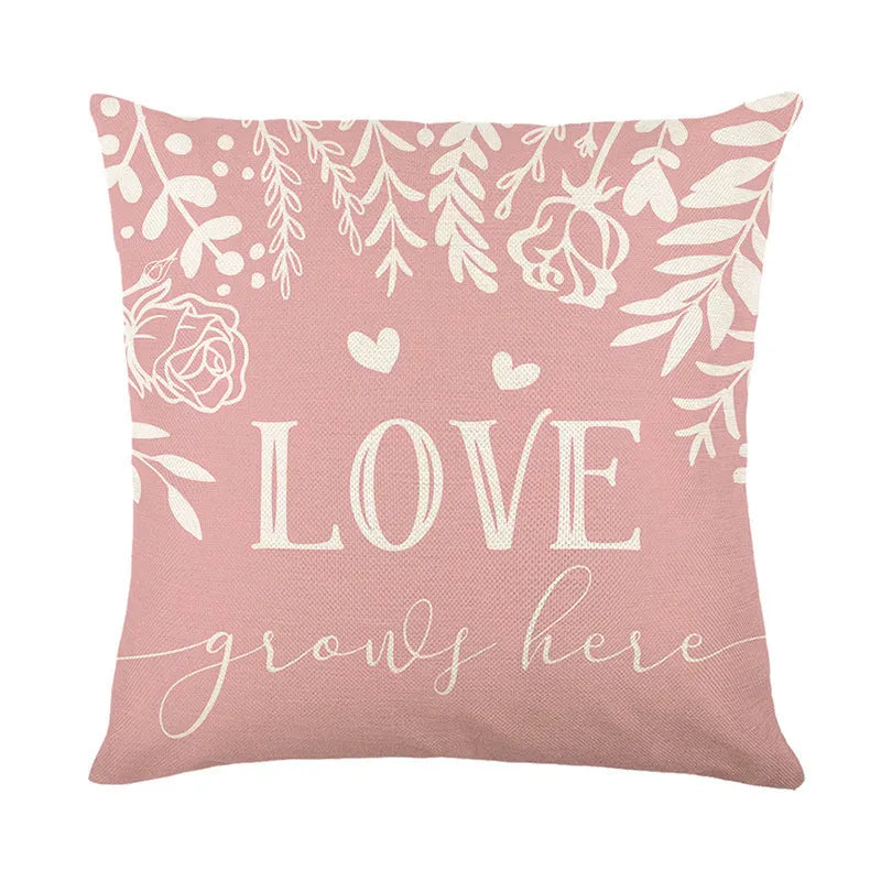 Square plaid and heart pattern decorative pillow cover with visible zip, shown in red and white colourway.