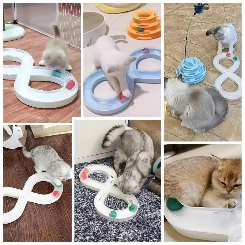 Cat toys set with rotating track ball turntable and teasing stick on white background