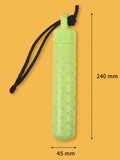 Two floating dog pool toys in red and green with rope handles on a blue background