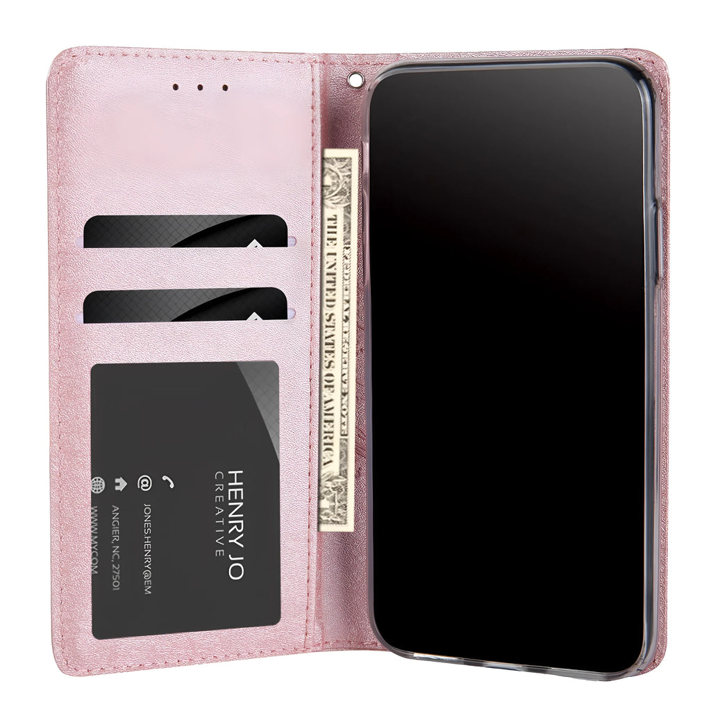 Apple iPhone flip case in PU leather with card slots, shown in multiple colour options.