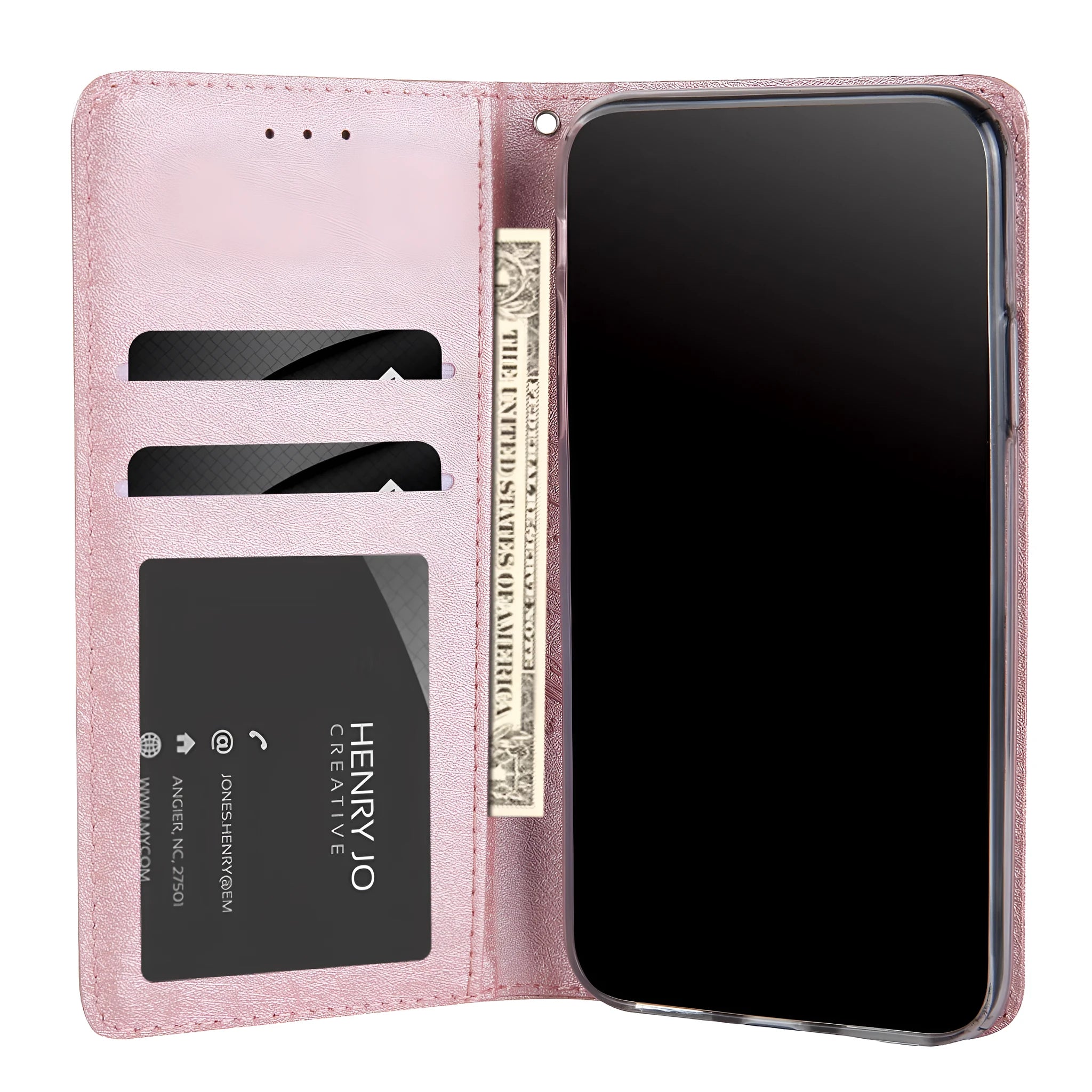Apple iPhone flip case in PU leather with card slots, shown in multiple colour options.
