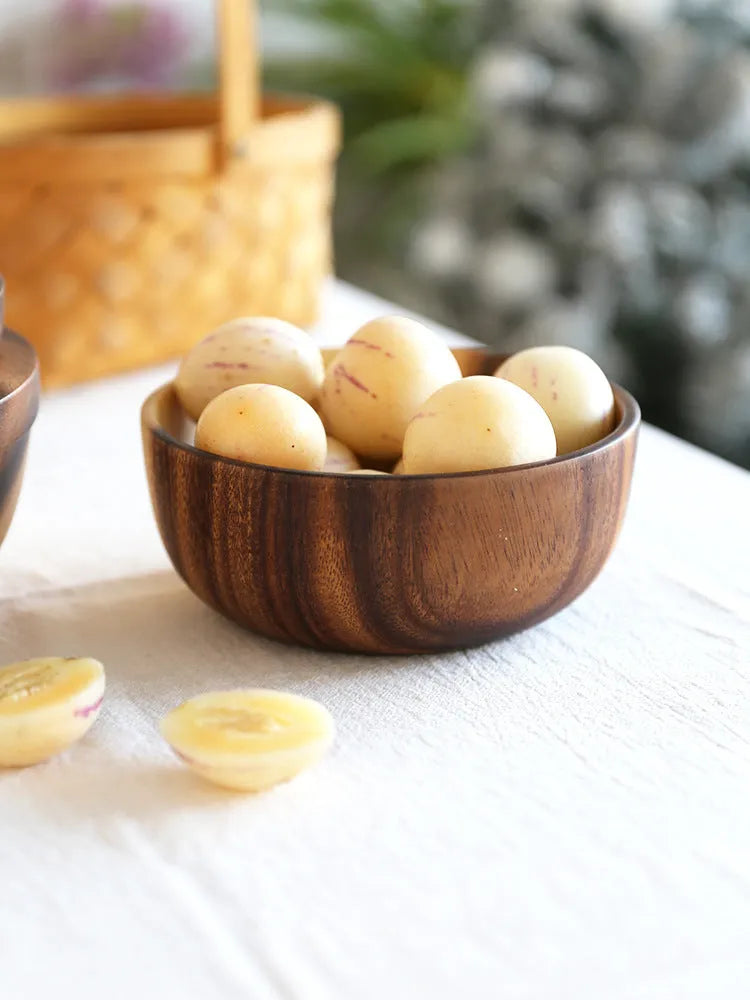 Brown wooden bowl handmade Japanese style with visible wood grain, available in multiple sizes from 8x6cm to 26x8cm.