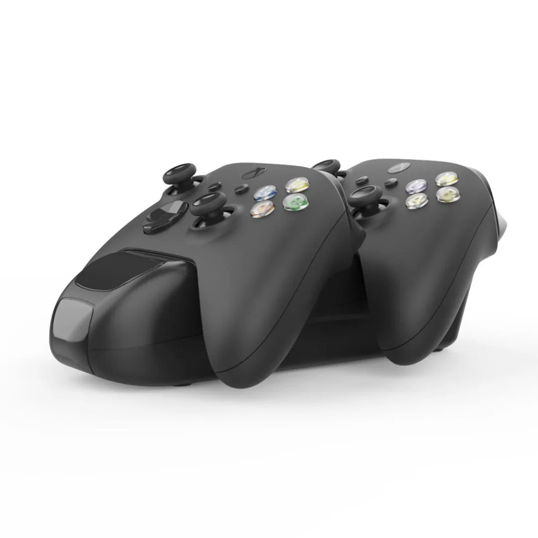 Black Xbox SX dual controller charging station with LED lights, two battery packs, and a Type-C cable.