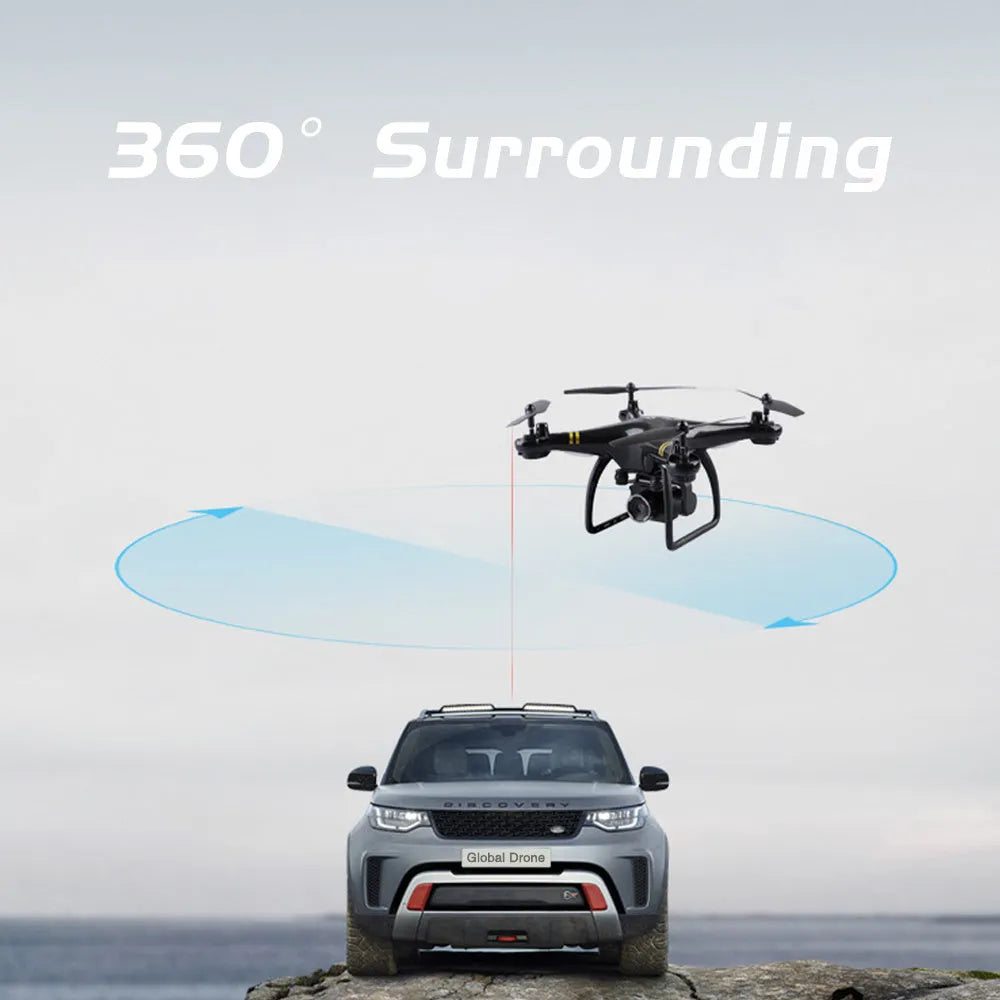 Black 5G GPS camera drone with four rotor arms and high-definition lens on a white background