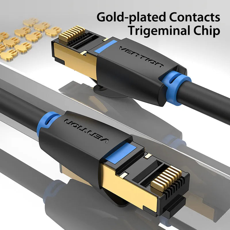 Shielded CAT8 Ethernet network patch cable with RJ45 connectors, shown in flat and round styles for 10G high-speed indoor use.