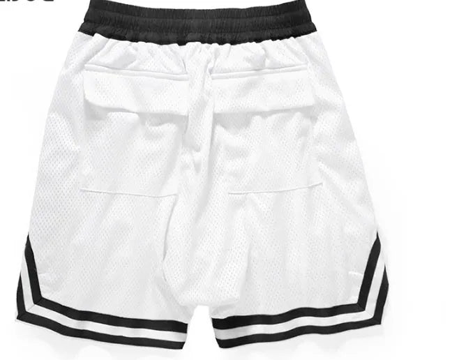 Men's elastic waist baggy sports shorts with zip fly, front view, black colour