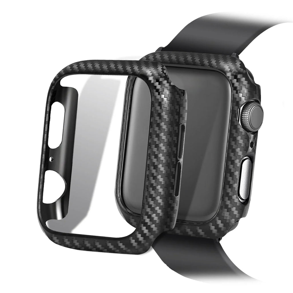 Compatible Apple Watch leather strap with carbon fibre pattern on PC case in red, black, orange, or blue
