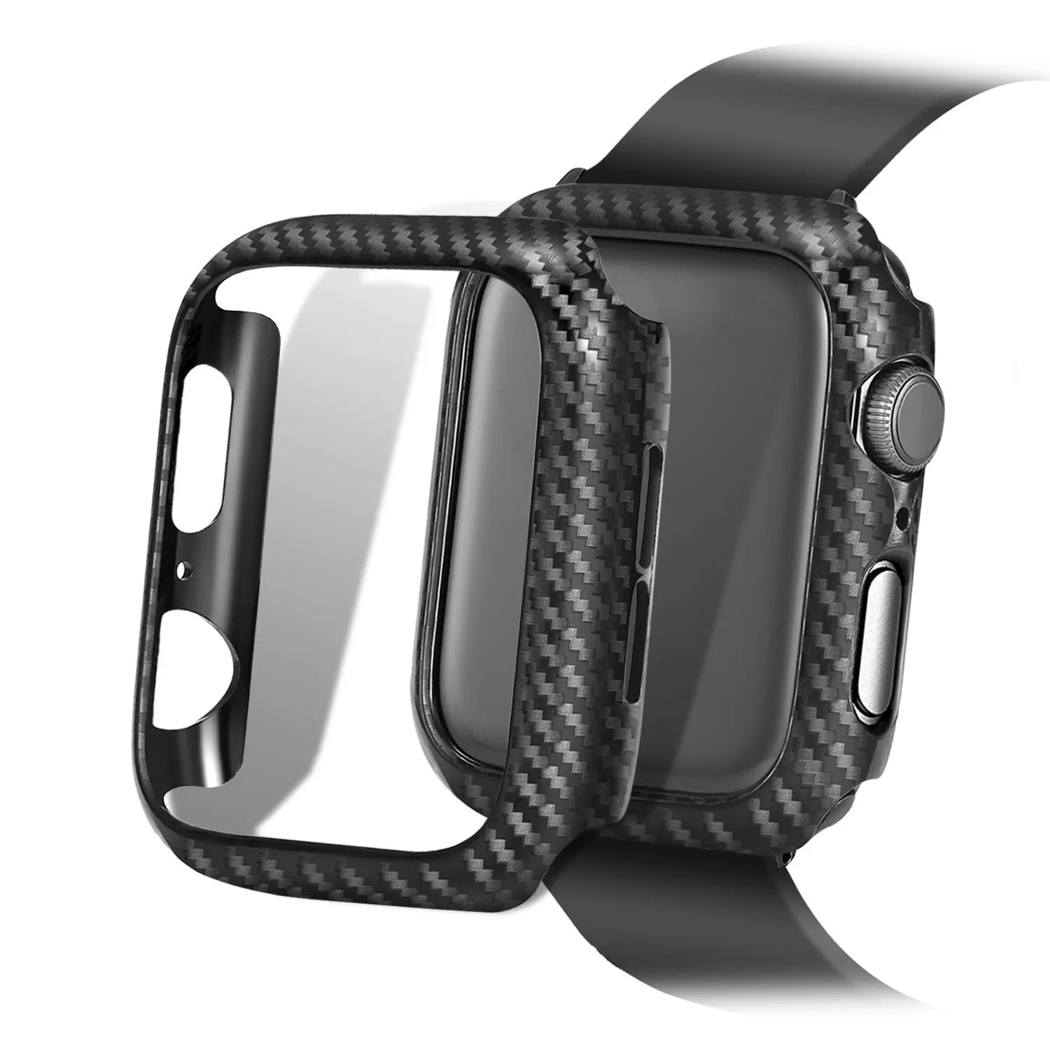 Compatible Apple Watch leather strap with carbon fibre pattern on PC case in red, black, orange, or blue
