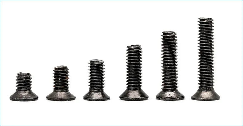 Box of black flat head machine screws for laptop repair in 450, 650, or 720 piece counts.