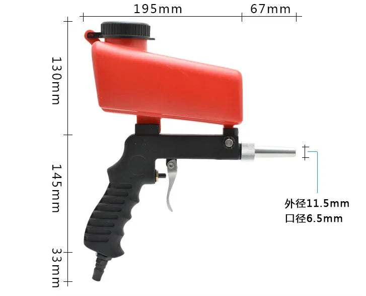 Portable black pneumatic sandblasting gun with gravity feed pot and 6.5mm nozzle.