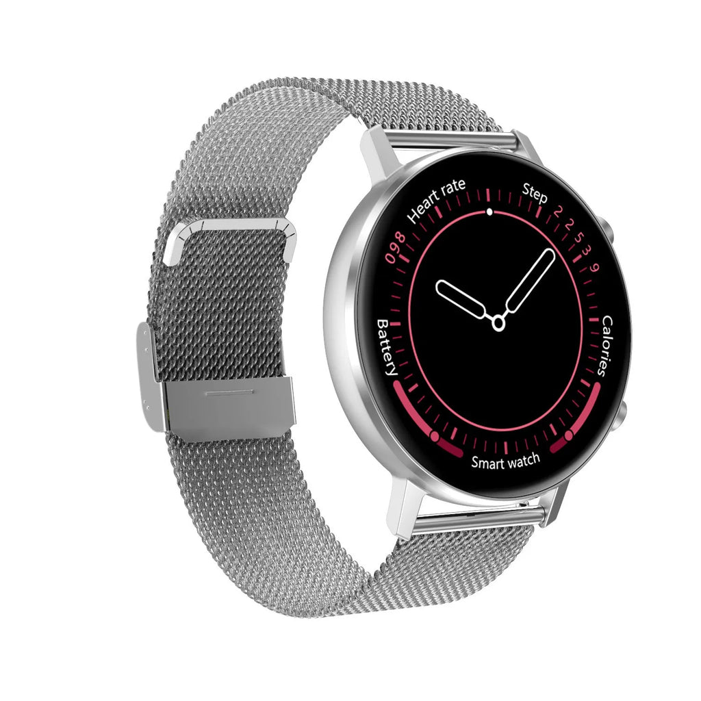 DT96 smart fitness tracker with 1.3-inch screen and steel wrist strap in black, rose gold, or silver.