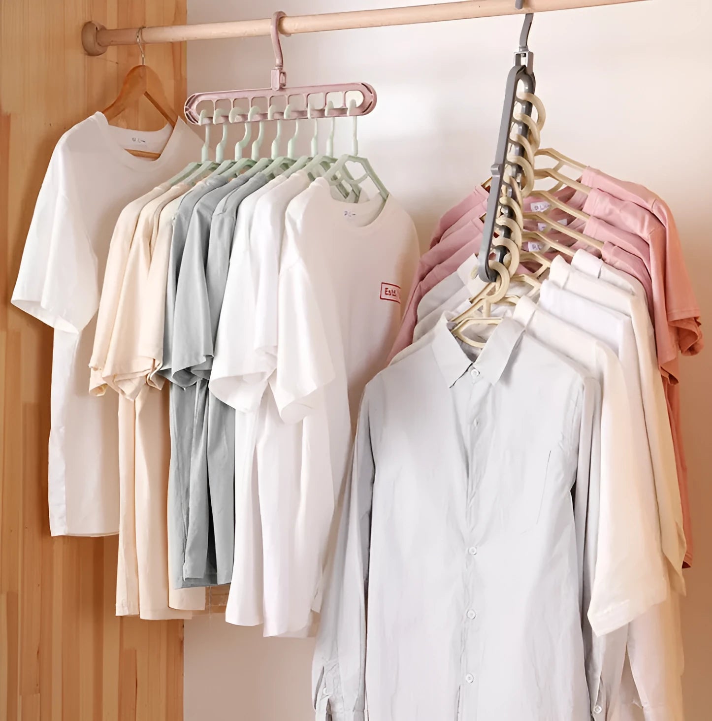Plastic clothes hanger organiser with rotating hook in various colour options on white background