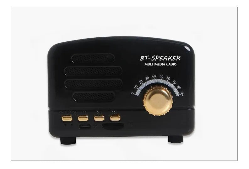 Vintage wood grain Bluetooth speaker with compact design and USB charging cable