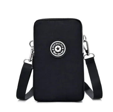 Vertical mobile phone bag in black with Oxford Spinning texture and zipper closure