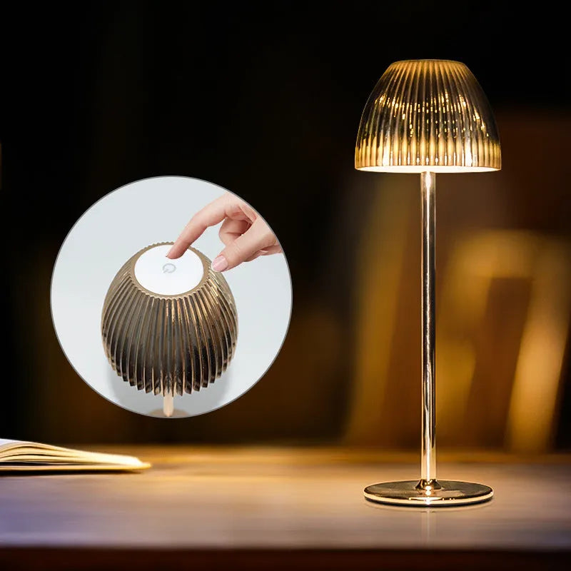 Modern dimmable night lamp with circular base in black or white colour options