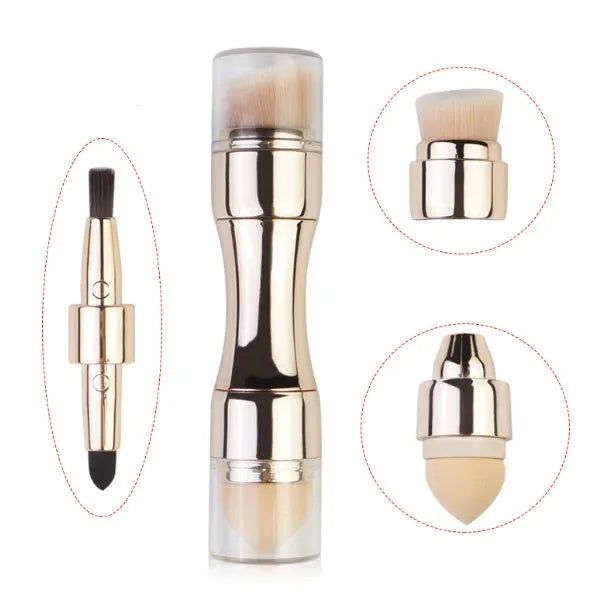 Four-in-one makeup brush with PBT bristles, latex sponge puff, EPDM eyeshadow head and gold handle, 12cm