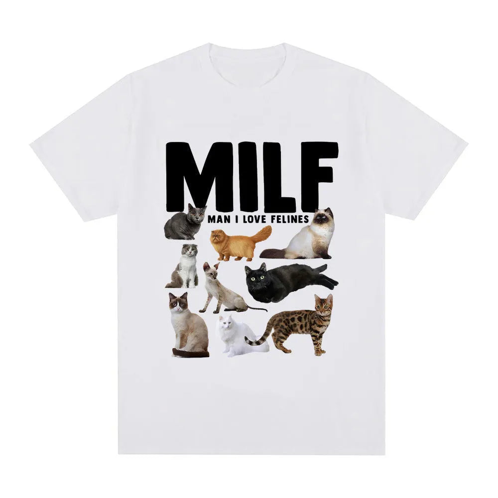 Casual cat lover graphic t-shirt with geometric print in Japanese Korean style, shown in multiple colours.