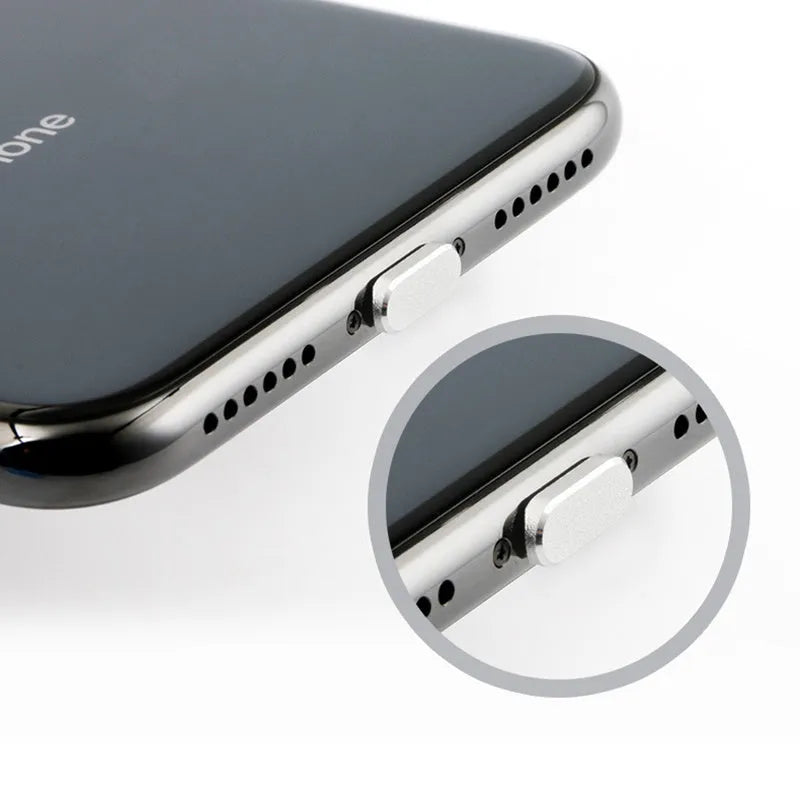 Aluminium alloy charging port dust plug for iPhone in various colours including gold, silver, blue, and black.