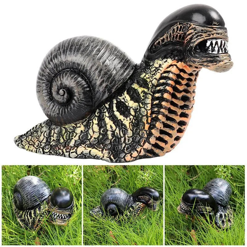 Resin evil snail character sculpture for modern garden decoration outdoors.