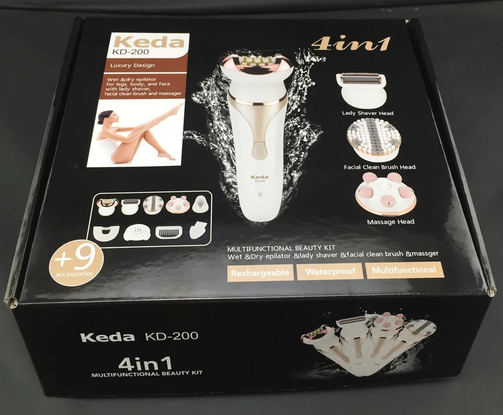 Rechargeable electric hair remover with plucking head and washable body in four-in-one colour option