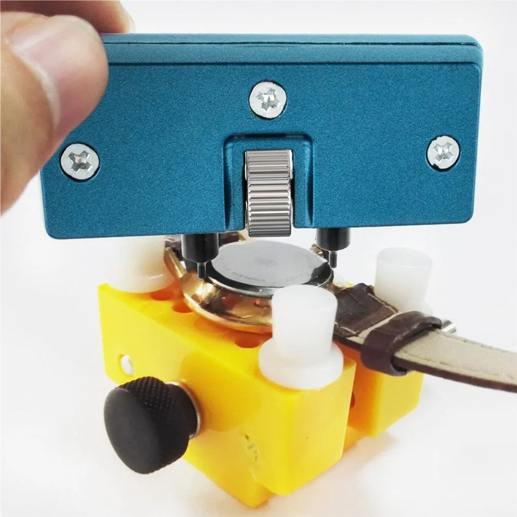 Yellow plastic watch case opener repair tool set with fixing base and four pillars