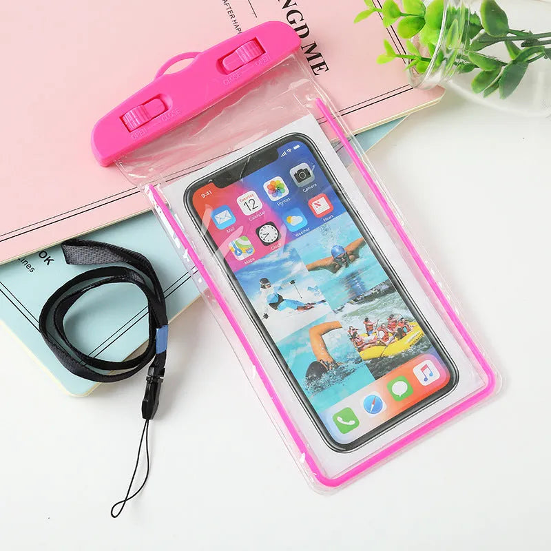 Glow-in-the-dark waterproof phone bag in PVC and ABS, 19x10.5cm, for outdoor rain protection