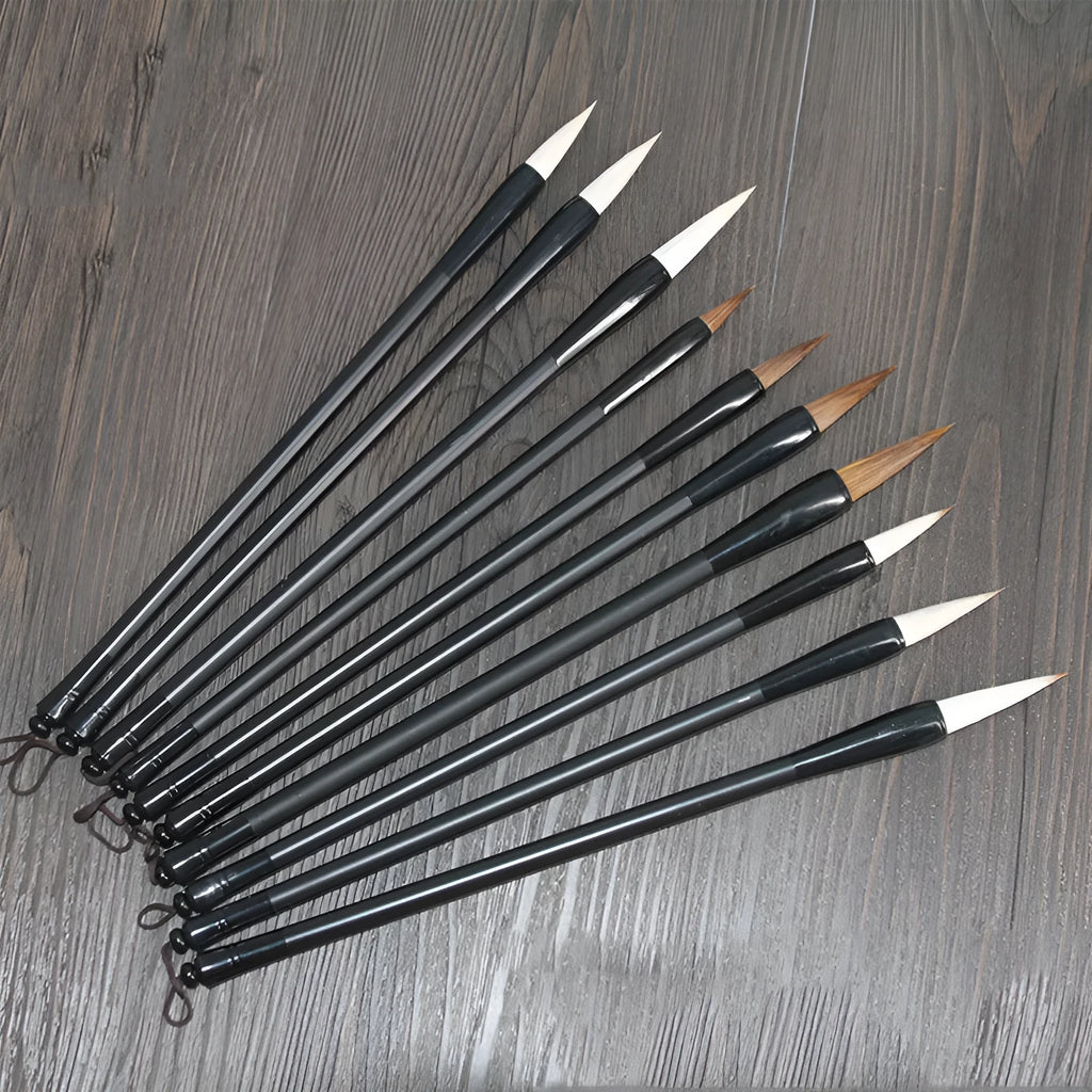 Student Chinese calligraphy brush with steel barrel and wolf hair nib, 23cm long