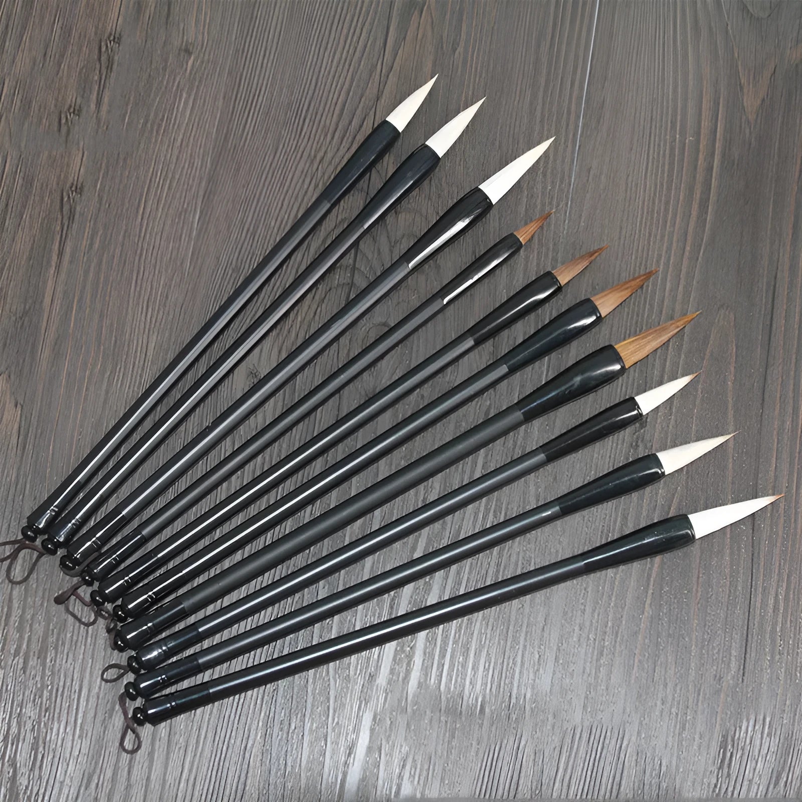 Student Chinese calligraphy brush with steel barrel and wolf hair nib, 23cm long