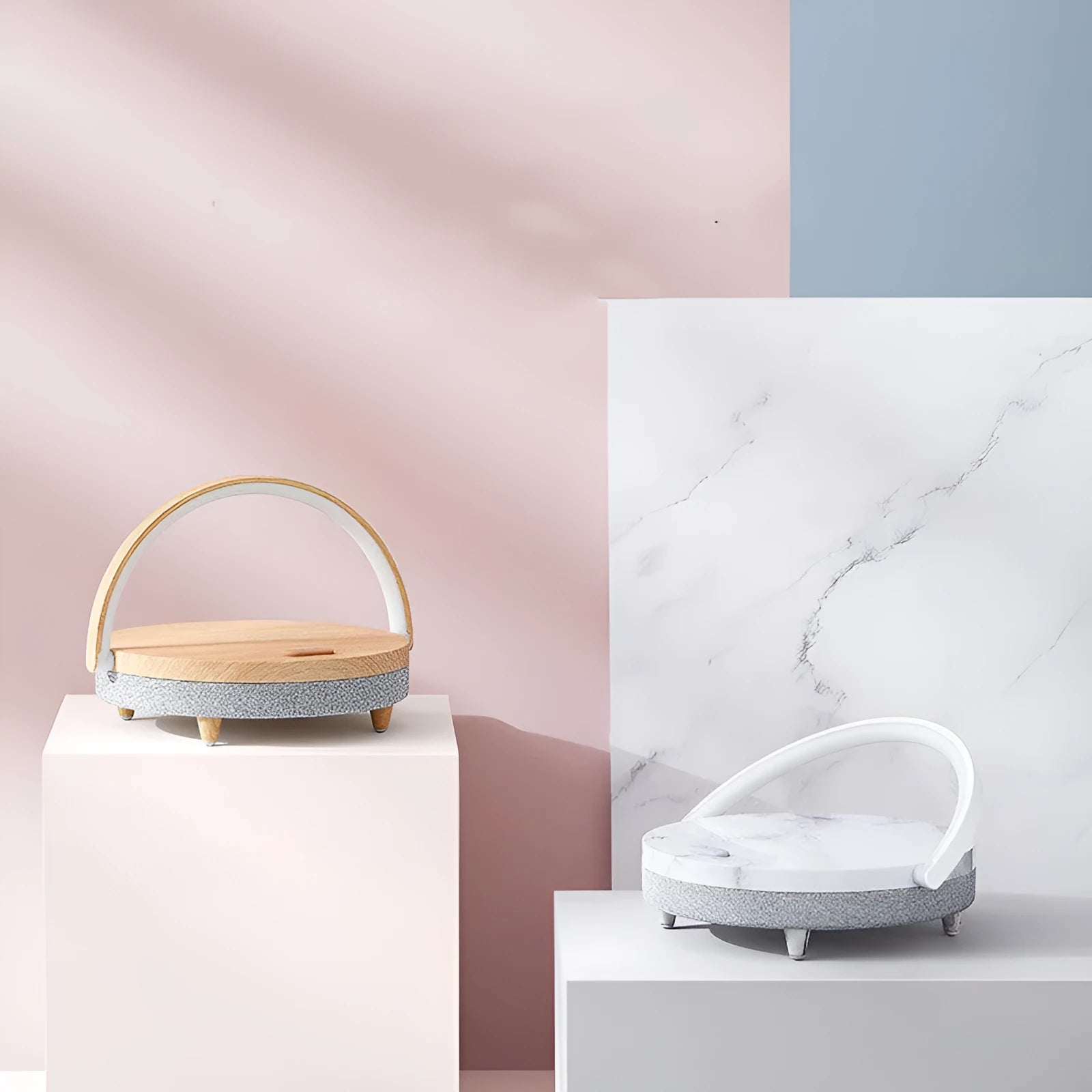 Wireless charging LED night light with Bluetooth speaker and phone holder in marble pattern design