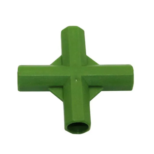 White PP plastic 3-way and 4-way plant support connectors for 11mm garden stakes.