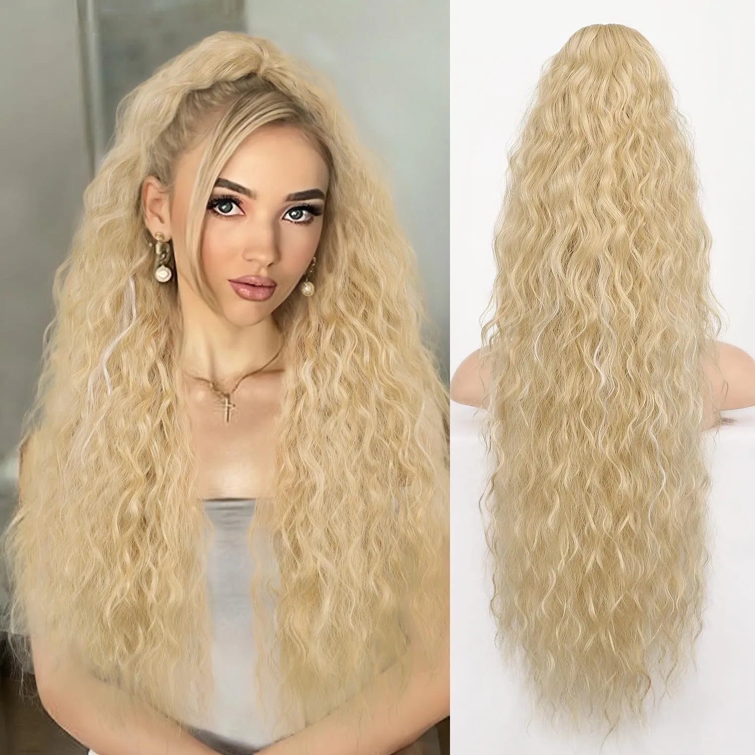 Long 30-inch curly ponytail wig in high temperature fibre for costume and cosplay.