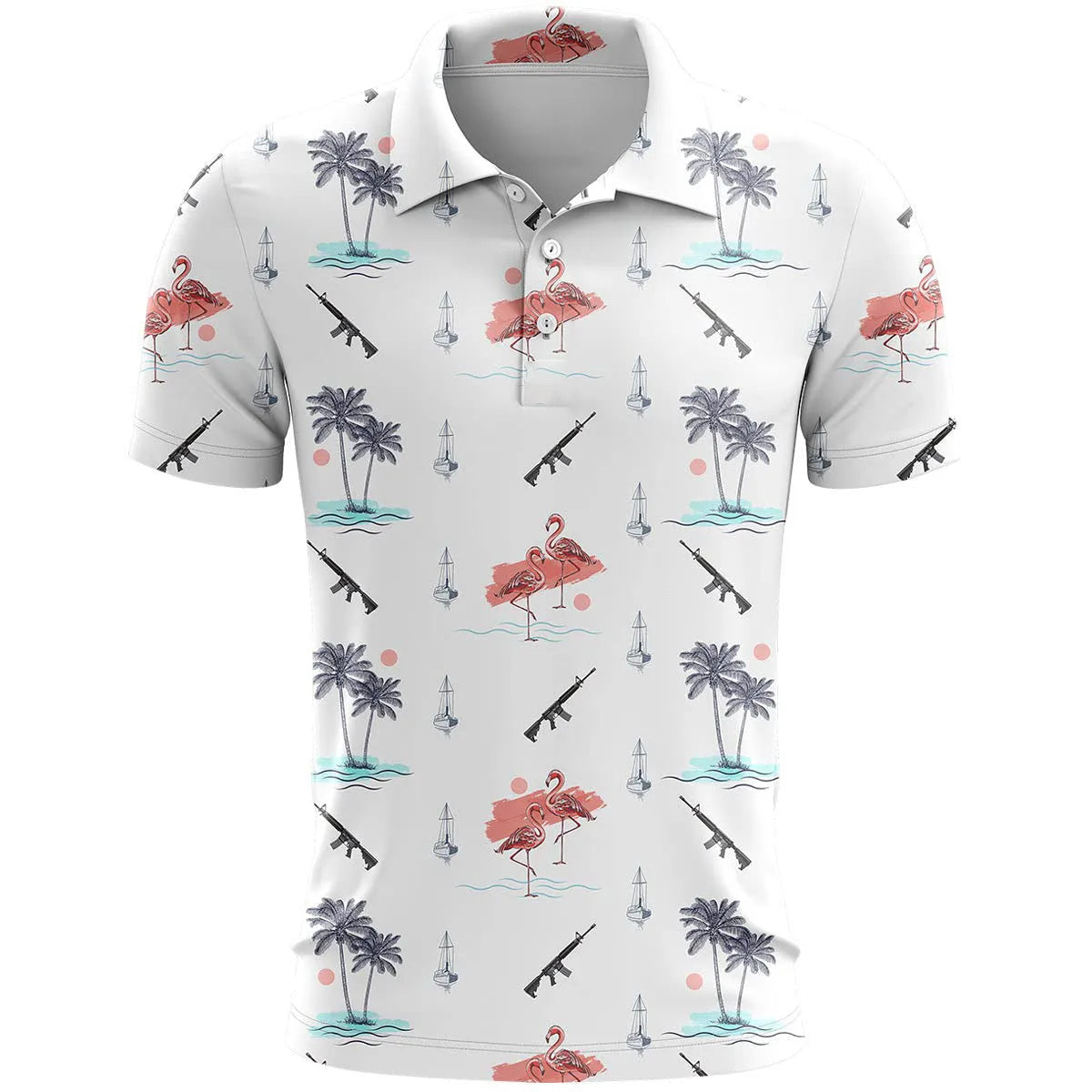 Man's loose-fit 3D printed short sleeve T-shirt in bird eye cloth polyester, showing colour and pattern detail.