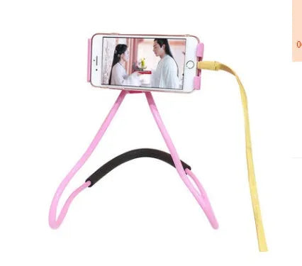 White universal neck phone holder with 360-degree rotating clamp holding a smartphone.