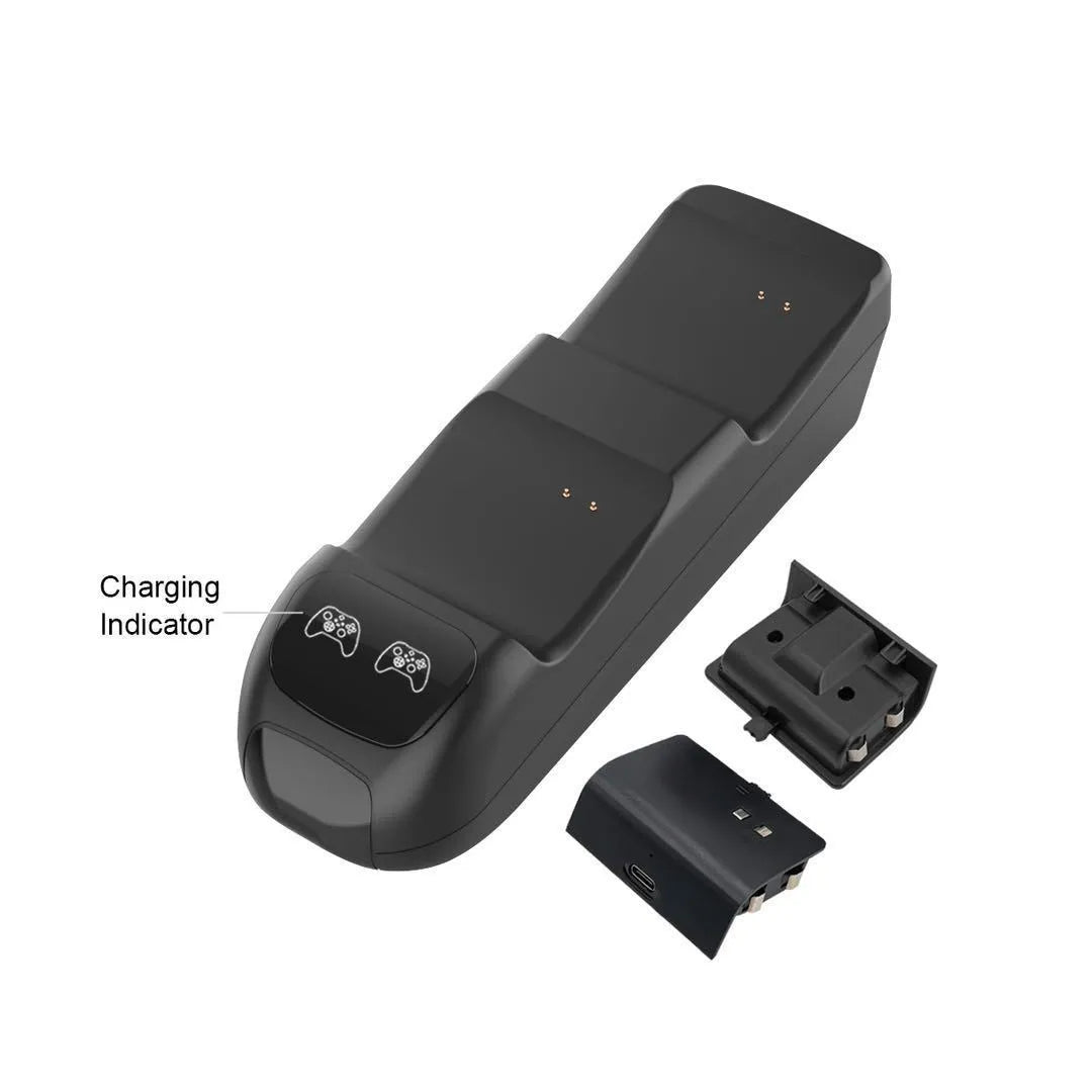 Black Xbox SX dual controller charging station with LED lights, two battery packs, and a Type-C cable.