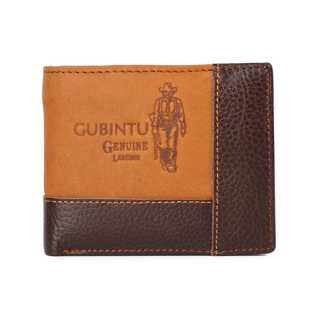 Horizontal brown leather men's wallet with contrast stitching, shown open to reveal card slots and a zippered coin pocket.