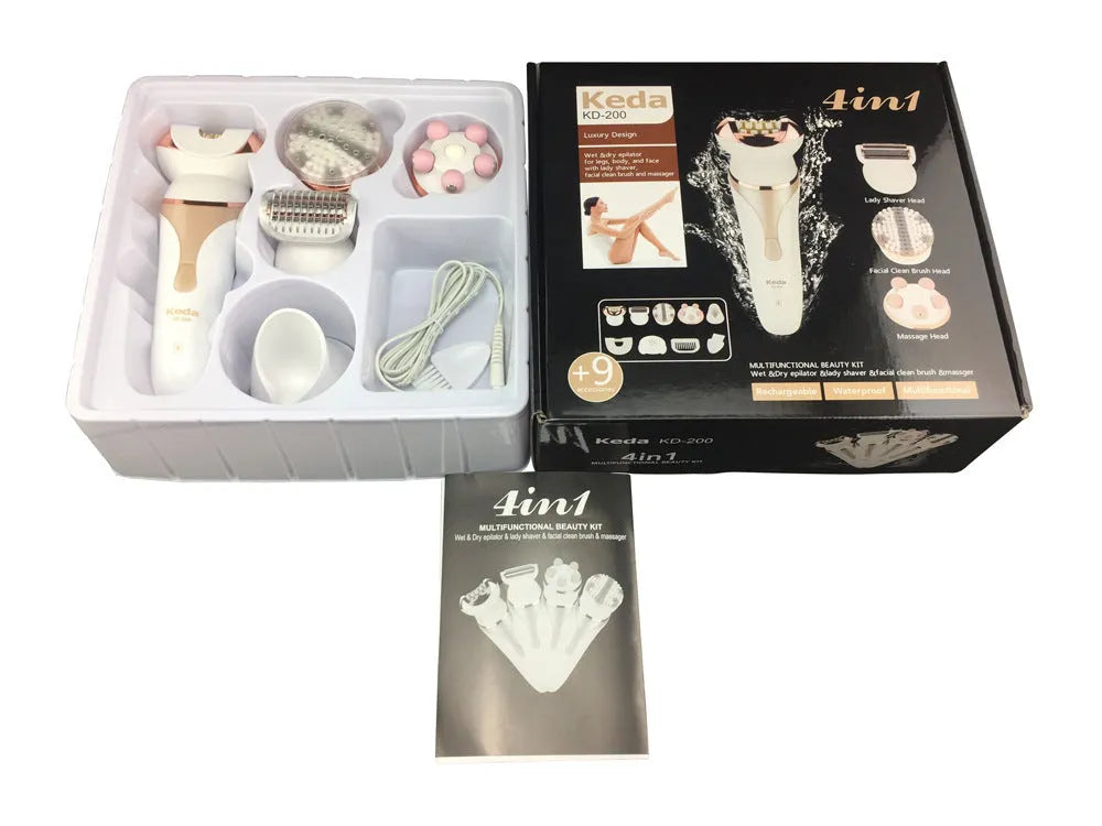 Rechargeable electric hair remover with plucking head and washable body in four-in-one colour option