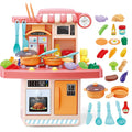 Kids dishwasher play set with 23 pink accessories and electronic components on a play table