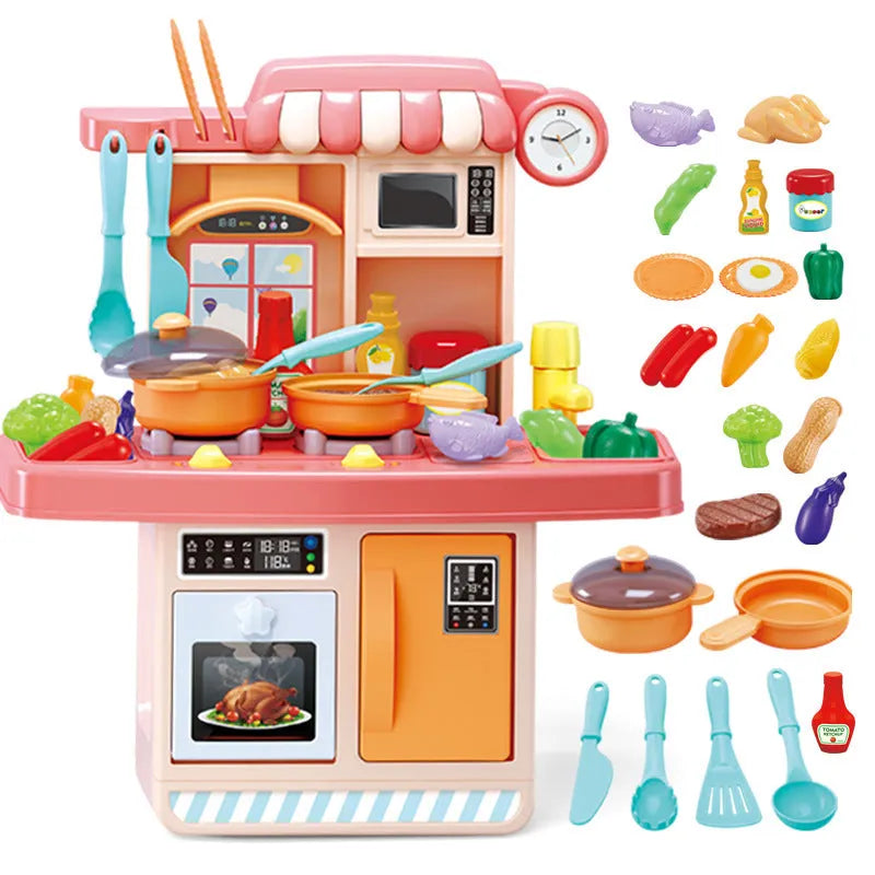 Kids dishwasher play set with 23 pink accessories and electronic components on a play table