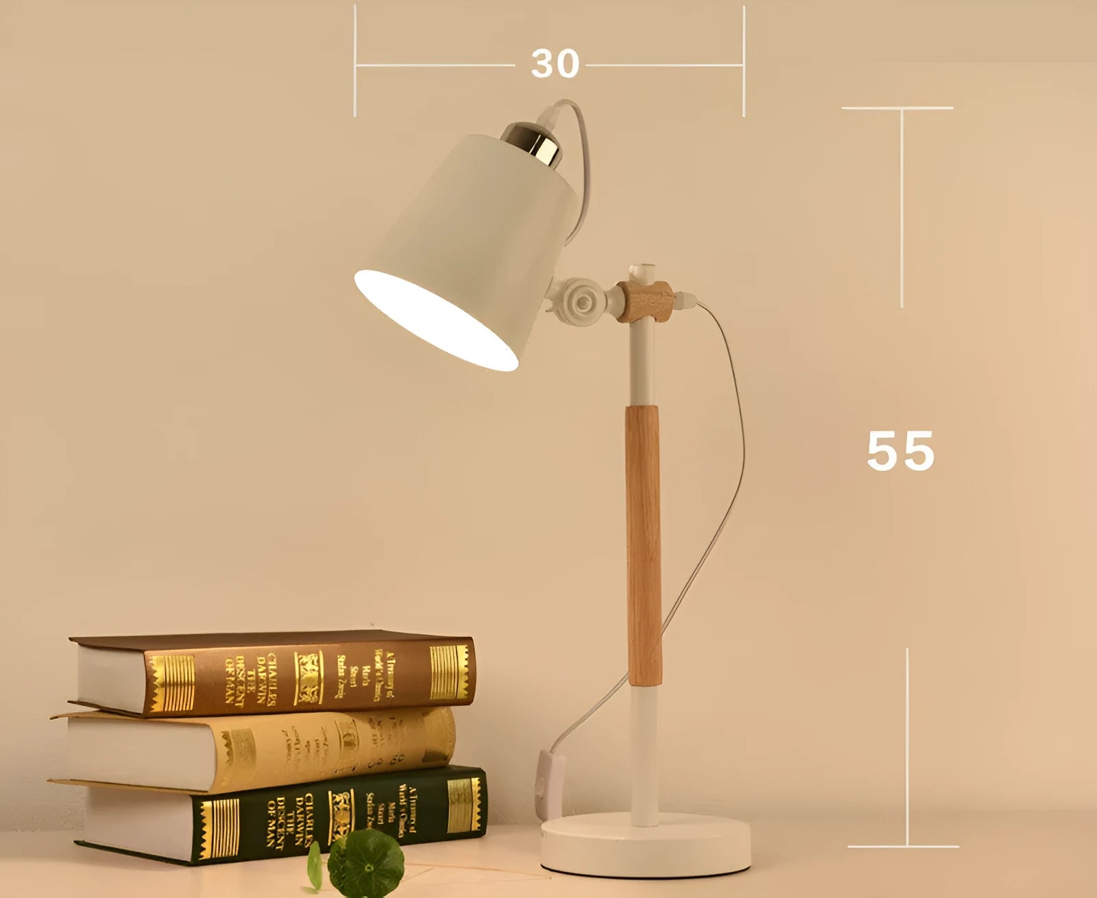Bamboo Nordic desk lamp with touch switch and wireless charging pad in white finish on a bedside table