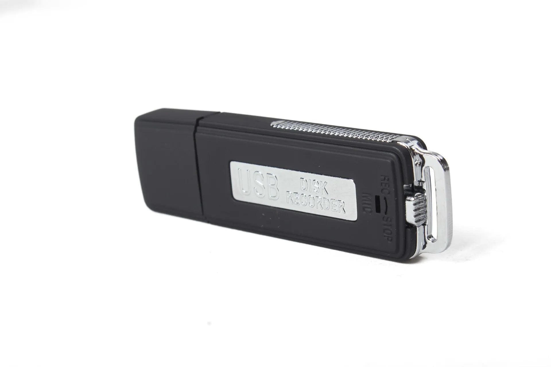Black 8GB portable USB voice recorder with unidirectional microphone and rechargeable lithium battery