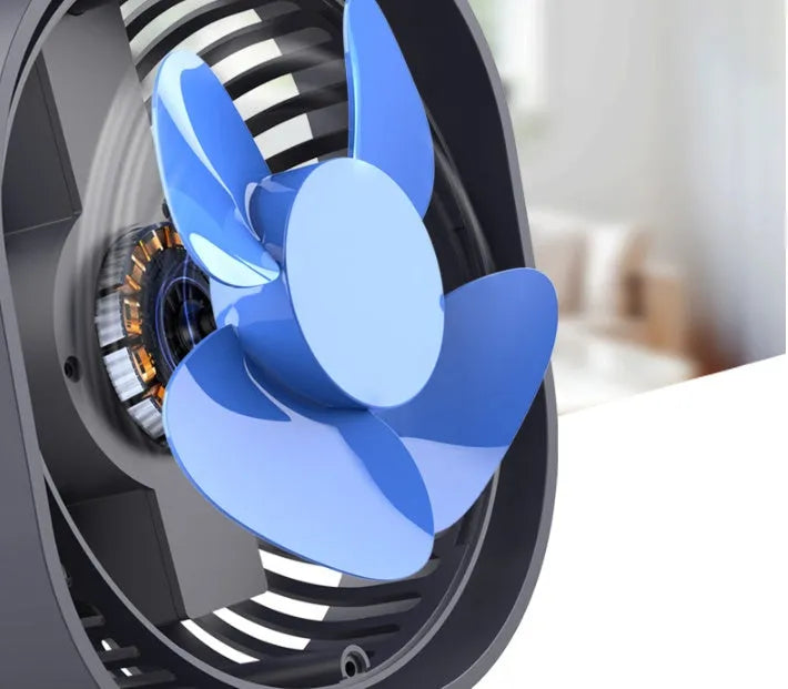 USB charging desk fan with alarm clock in blue, showing 360-degree rotation.