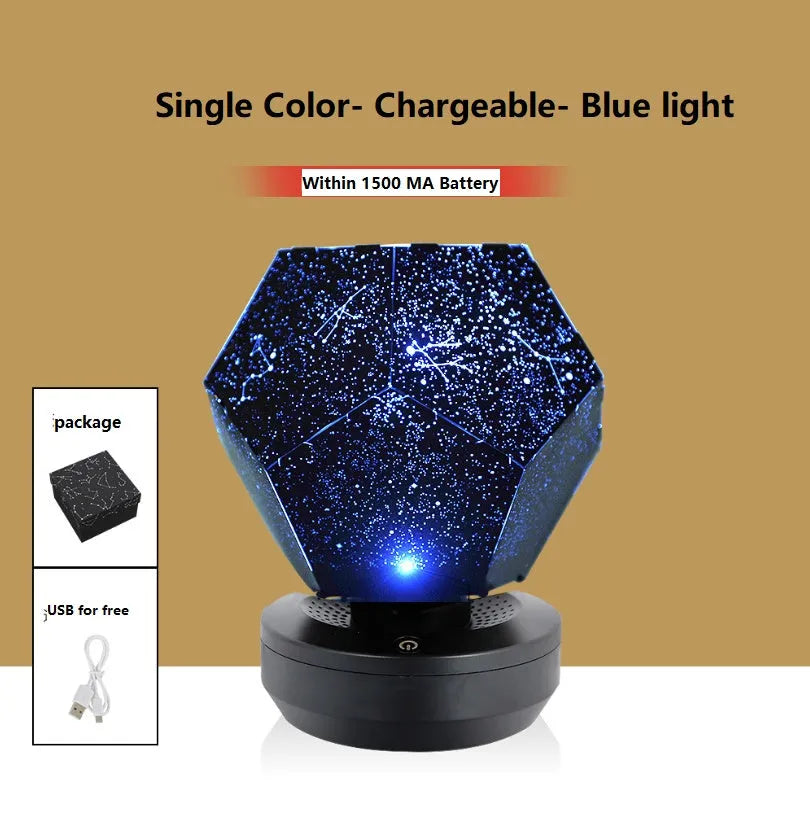 LED starry sky projector night lamp showing constellation projections on a bedroom ceiling with remote control