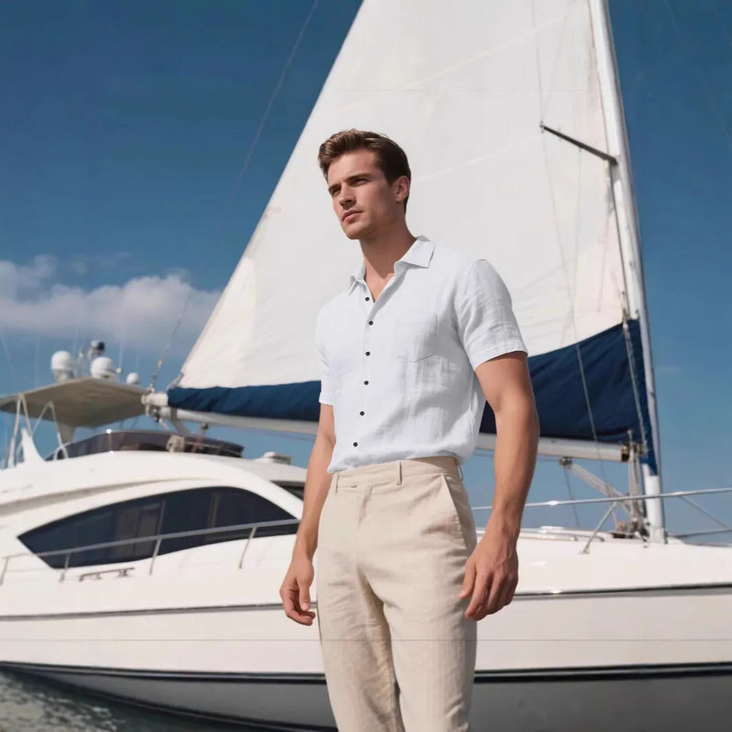 Men's loose fit linen short-sleeved cardigan shirt in a solid colour on a hanger.