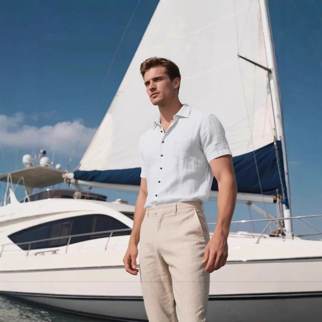 Men's loose fit linen short-sleeved cardigan shirt in a solid colour on a hanger.
