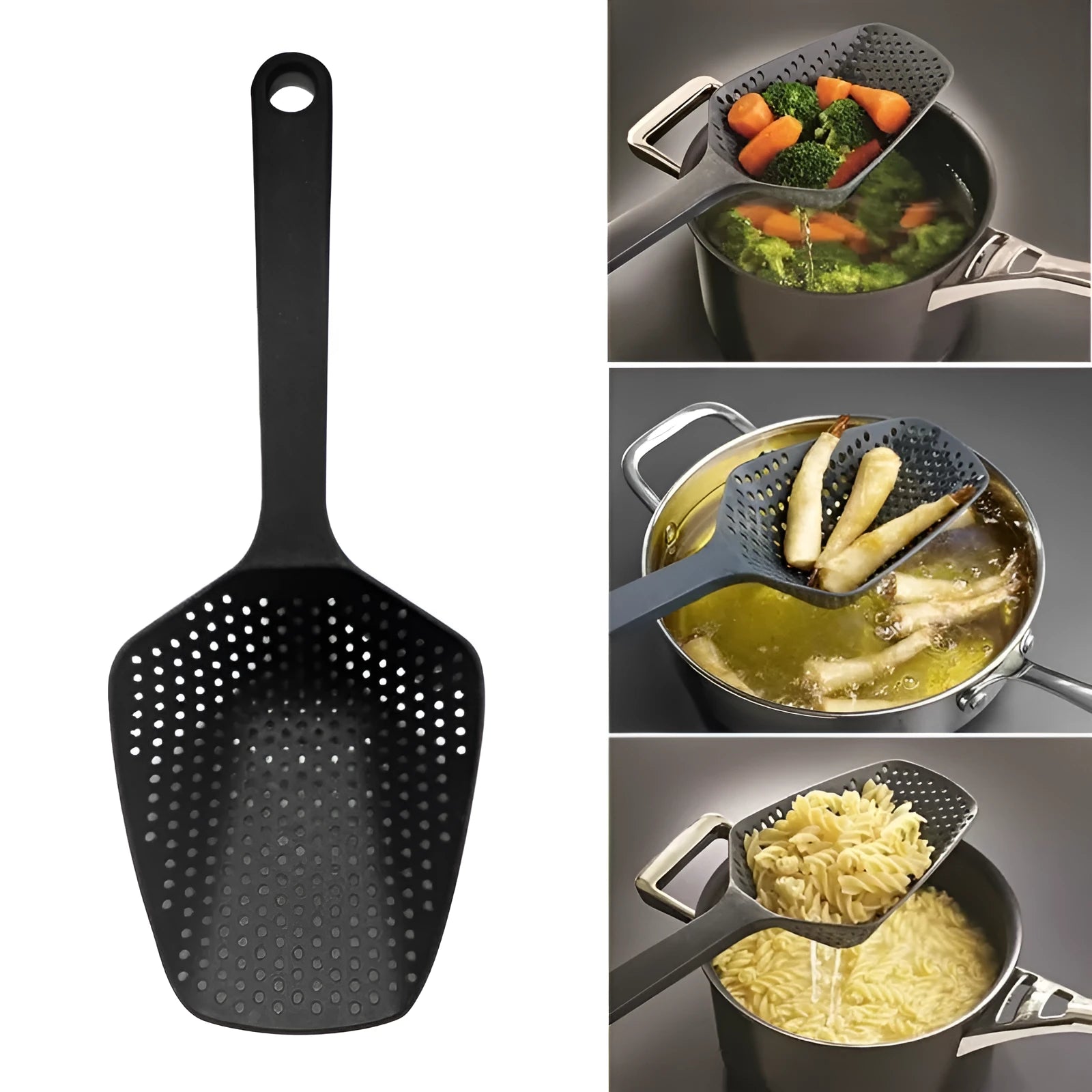 Nylon large scoop strainer colander in black for draining fried food from a pan
